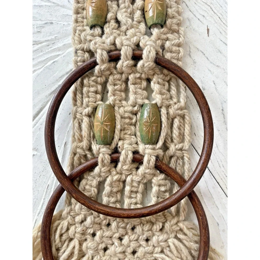 vintage Retro MCM Beige‎ Macrame Wall Hanging Double Hand Towel Ring Holder